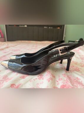 Calvin Klein Black Patent Slingback Pumps with Silver Pointed Toe